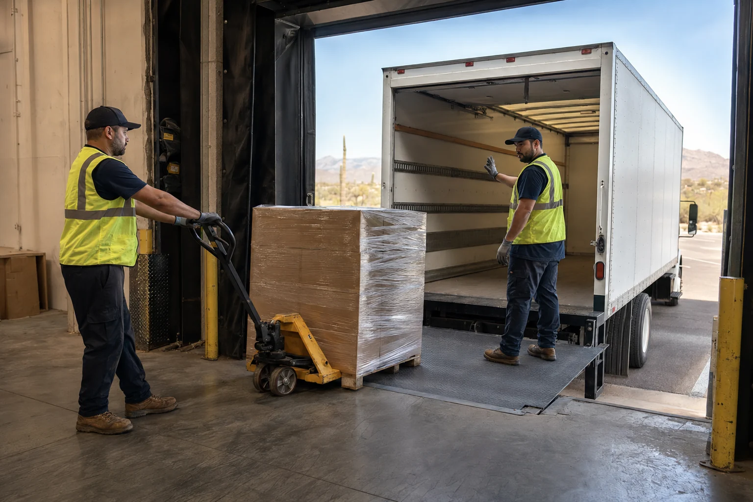 Two warehouse workers coordinating a pallet transfer at an unbranded truck dock