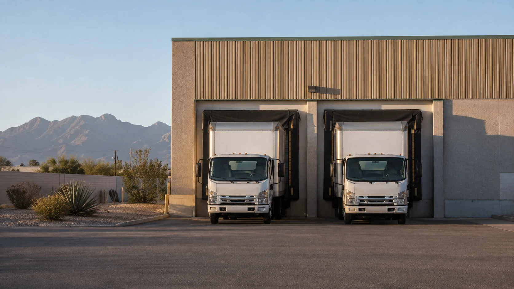 Two unbranded box trucks positioned at adjacent warehouse bays in a Tucson industrial setting