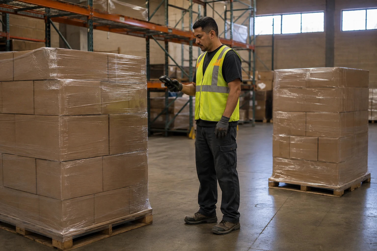 Warehouse worker using a handheld scanner beside wrapped pallets