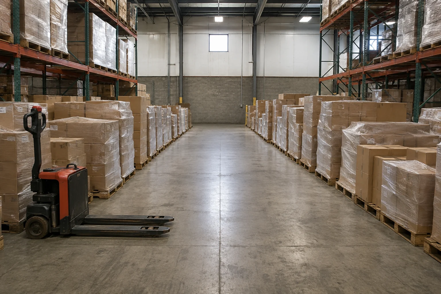Two organized warehouse staging lanes separated by a clear working aisle